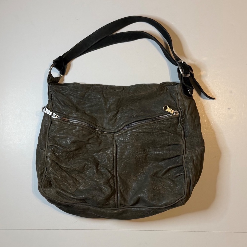 Tylie Malibu Olive Green Pebbled Leather Hobo Shoulder Bag Riri Zippers Cross